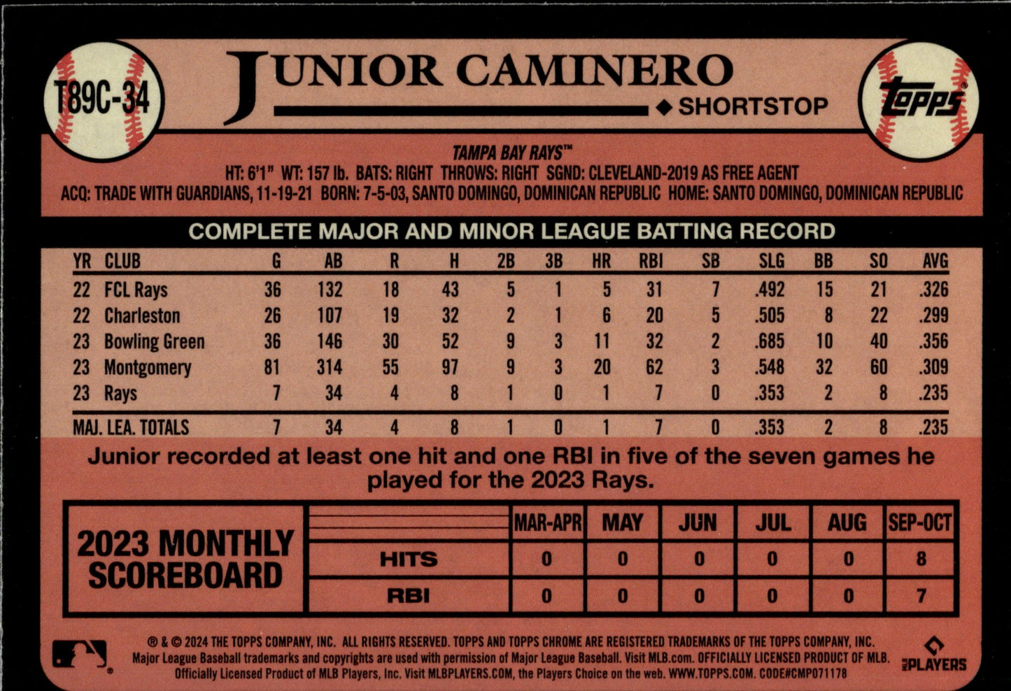 Junior Caminero 2024 Topps Chrome 35th Anniversary Mojo Refractor RC #T89C - 34 - Collector Store LLC