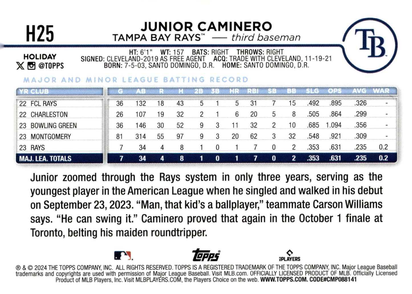 Junior Caminero 2024 Topps Holiday RC #H25 - Collector Store LLC