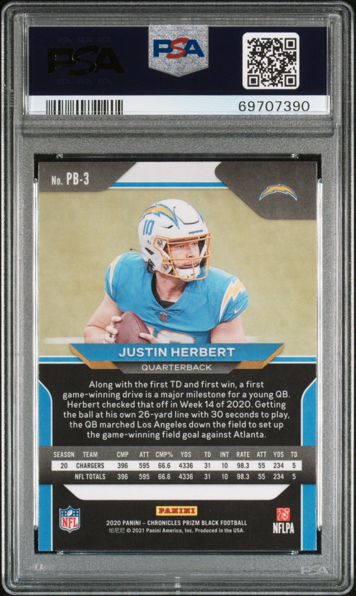 Justin Herbert 2020 Panini Chronicles Prizm Black RC #PB - 3 PSA 10 - Collector Store LLC