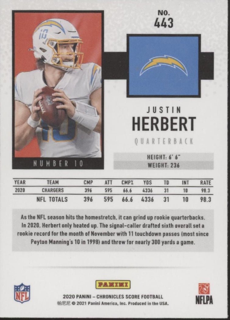 Justin Herbert 2020 Panini Chronicles Score RC #443 - Collector Store LLC