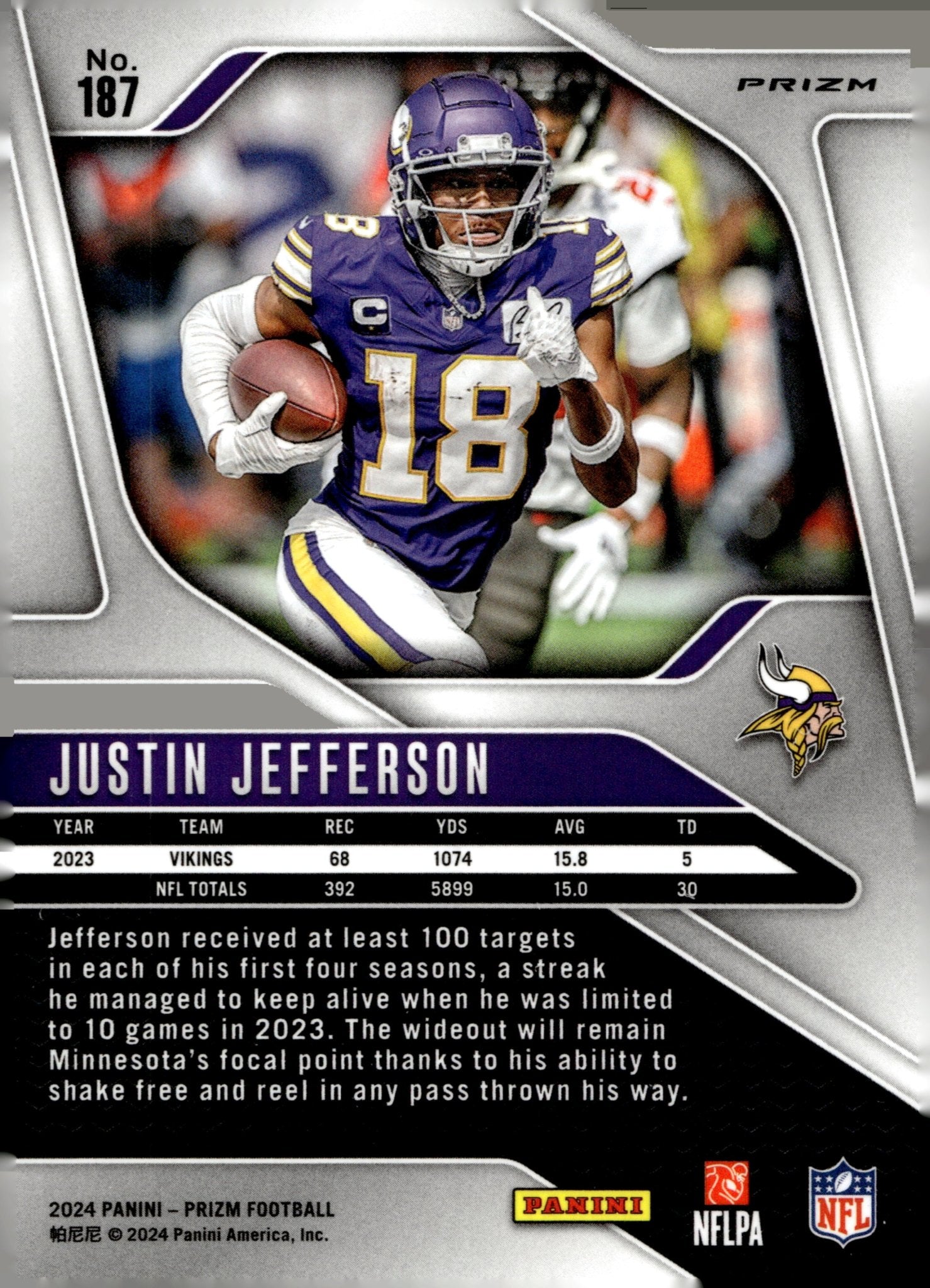 Justin Jefferson 2024 Panini Prizm Silver Prizm #187 - Collector Store LLC