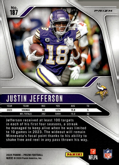Justin Jefferson 2024 Panini Prizm Silver Prizm #187 - Collector Store LLC