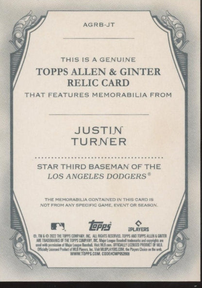 Justin Turner 2022 Topps Allen & Ginter Swatch #AGRB - JT - Collector Store LLC