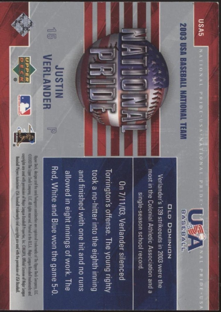 Justin Verlander 2003 Upper Deck National Pride #USA5 - Collector Store LLC