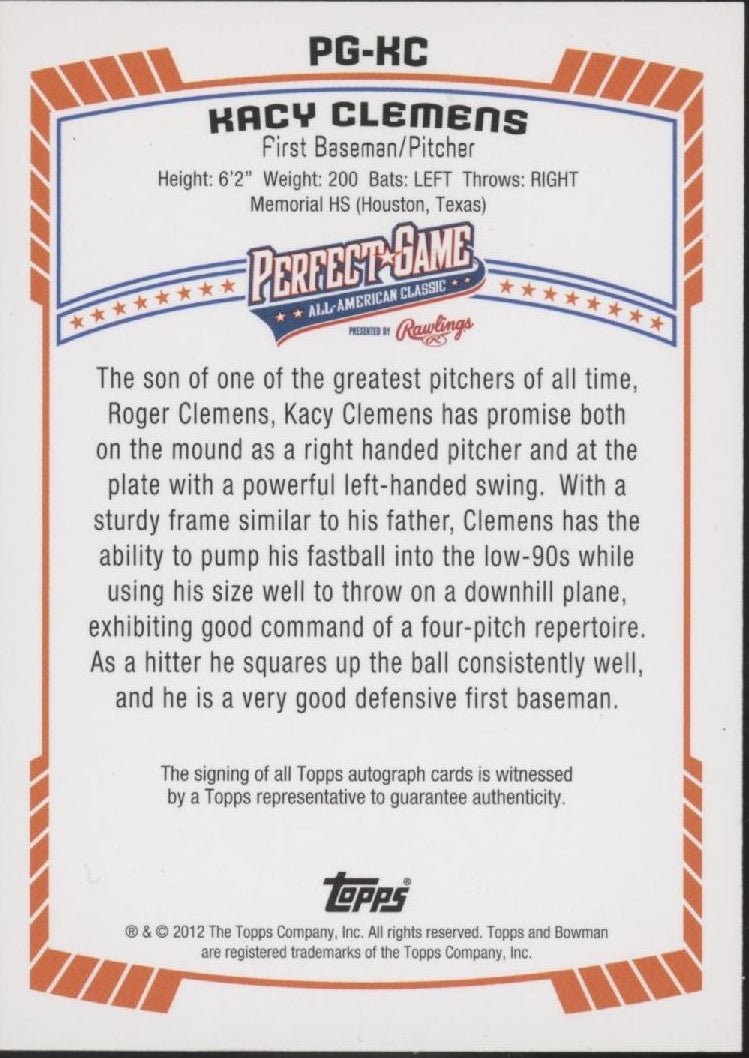 Kacy Clemens 2012 Bowman Perfect Game All American Classic Auto PG - KC - Collector Store LLC