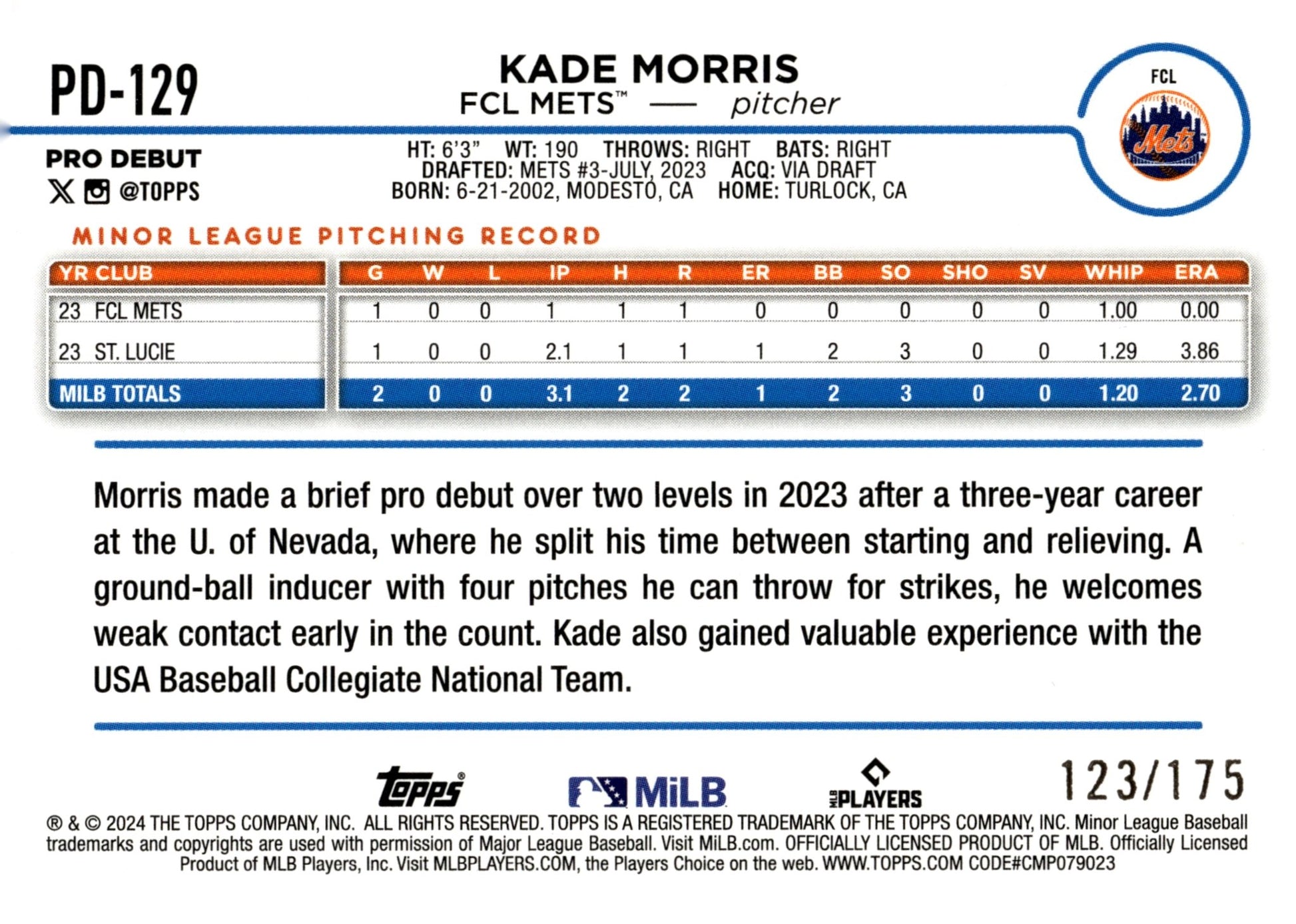 Kade Morris 2024 Topps Pro Debut Sparkle Foil 123/175 #PD - 129 - Collector Store LLC