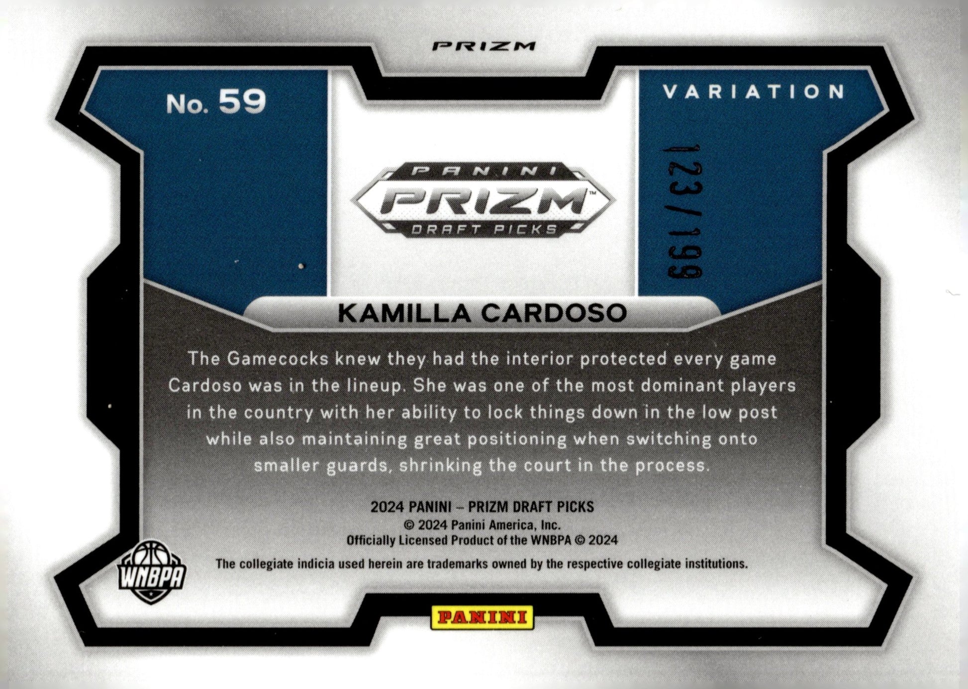 Kamilla Cardoso 2024 Panini Prizm Draft Picks Variation Blue Prizm RC 123/199 - Collector Store LLC