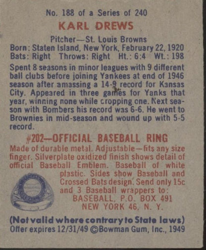 Karl Drews 1949 Bowman RC #188 St. Louis Browns VG - EX - Collector Store LLC