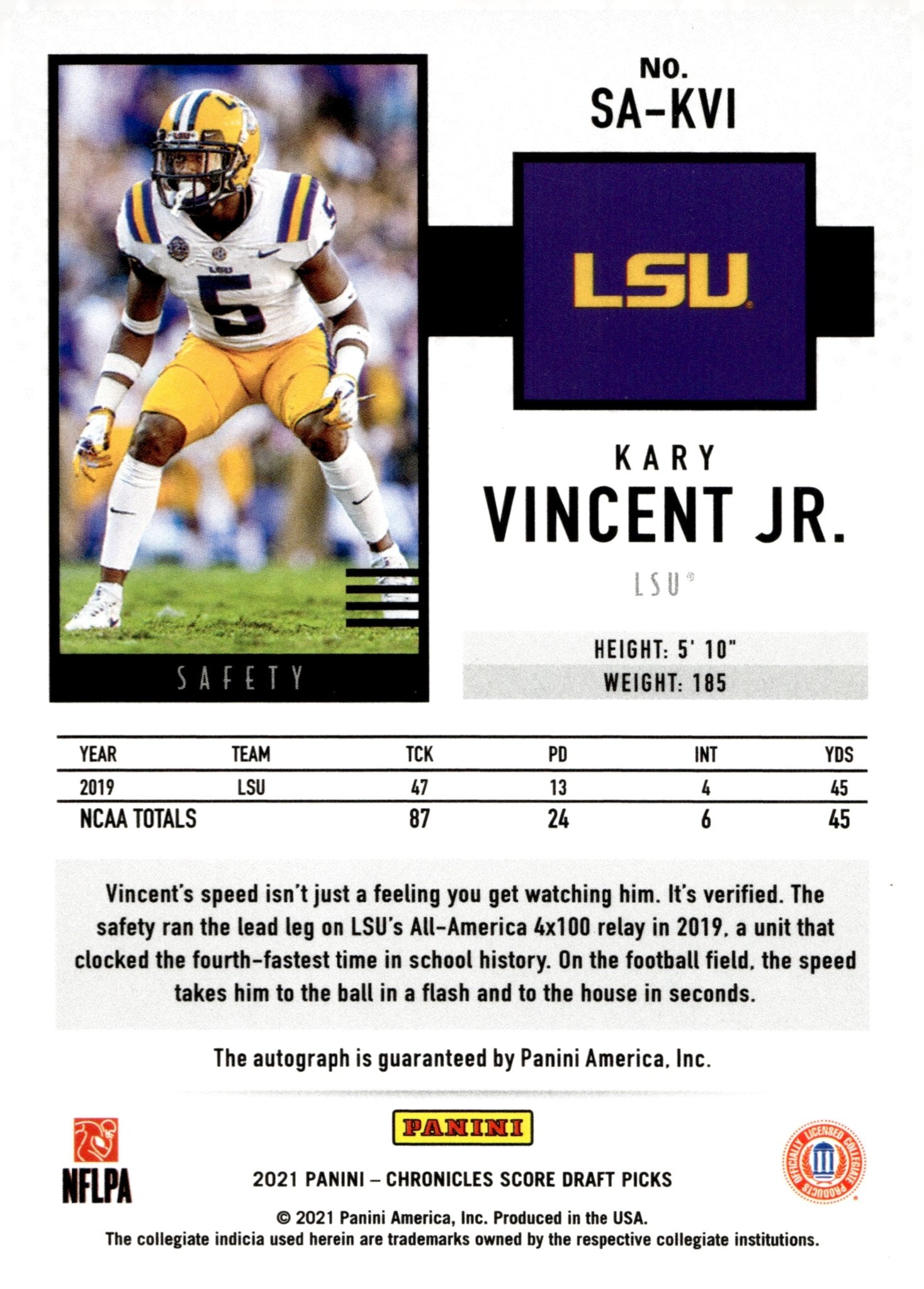 Kary Vincent Jr. 2021 Panini Chronicles Score Draft Picks RC Auto #SA - KVI - Collector Store LLC