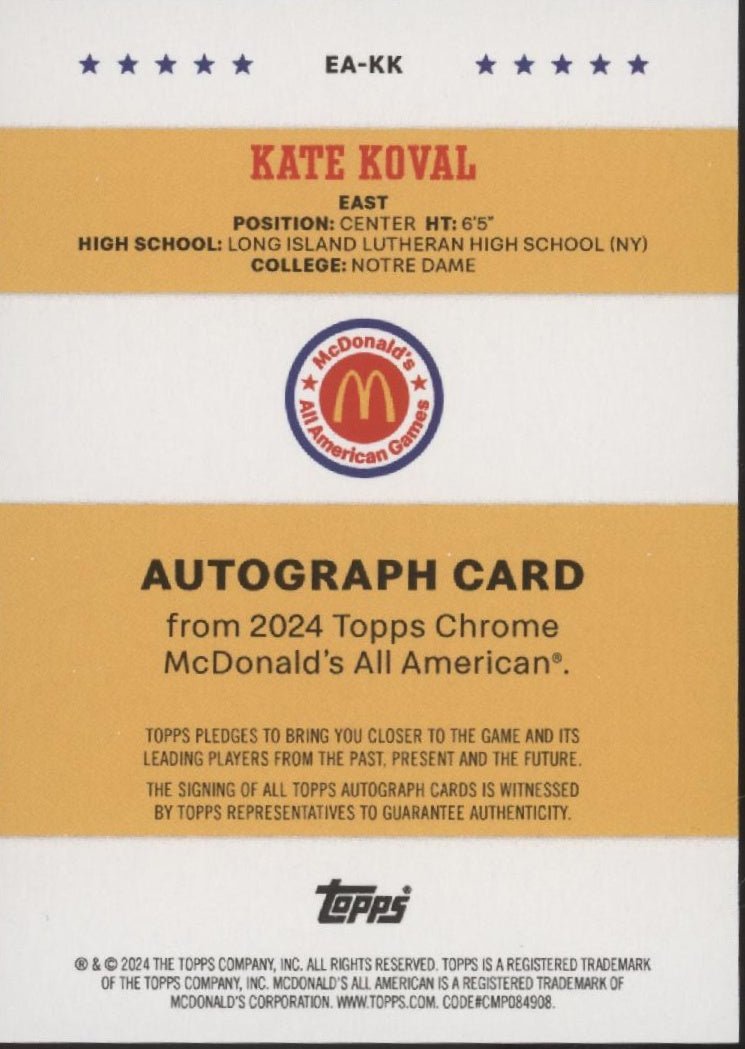 Kate Koval 2024 Topps Chrome McDonald's All American Auto #EA - KK - Collector Store LLC