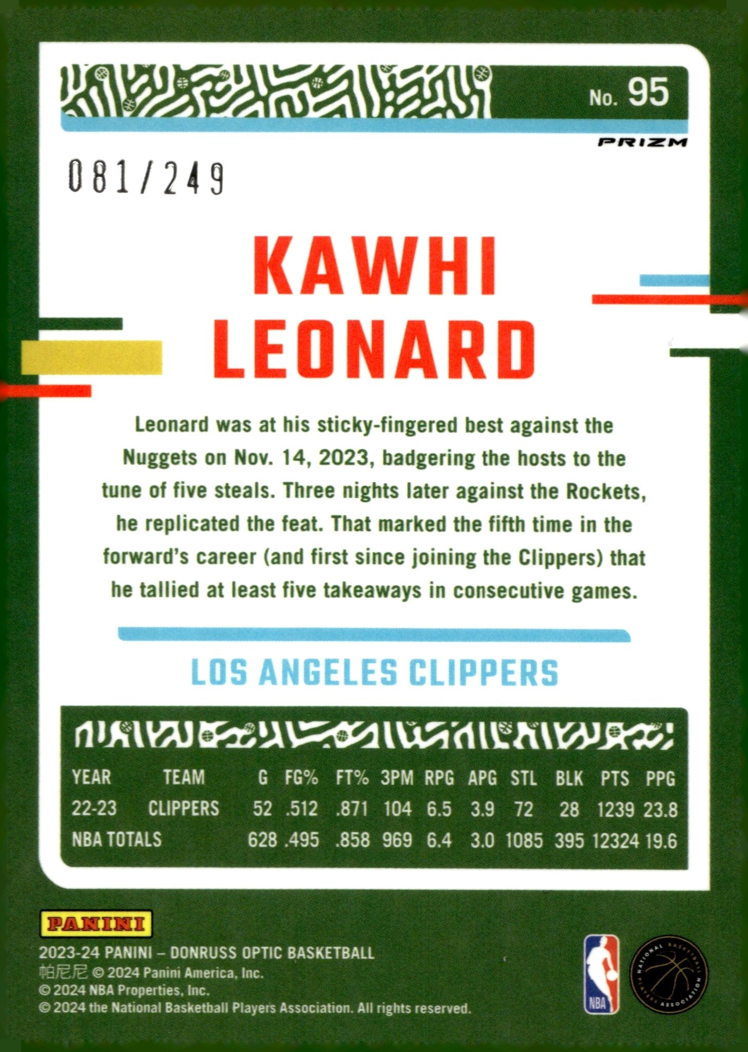 Kawhi Leonard 2023 - 24 Panini Donruss Optic Aqua Prizm 081/249 #95 - Collector Store LLC
