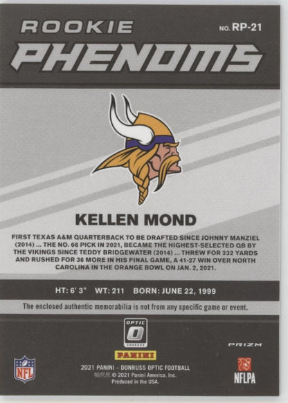 Kellen Mond 2021 Panini Donruss Optic Rookie Phenoms Red Prizm Swatch RC #RP - 21 - Collector Store LLC