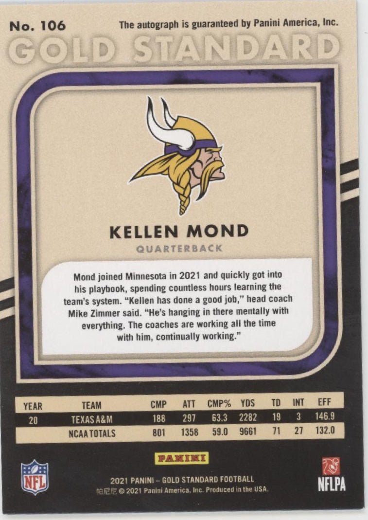 Kellen Mond 2021 Panini Gold Standard RC Auto 018/149 #106 - Collector Store LLC