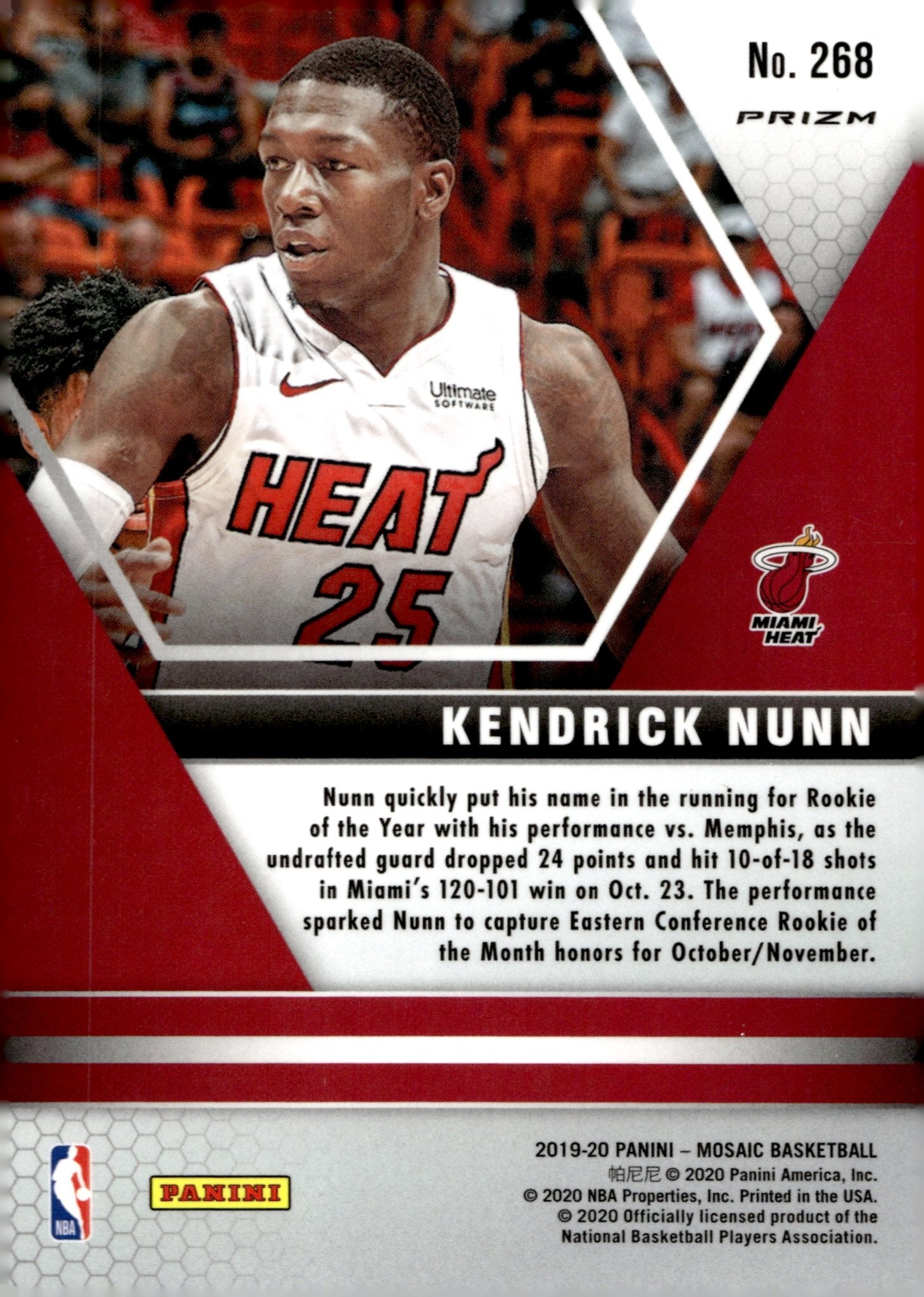 Kendrick Nunn 2019 - 20 Panini Mosaic NBA Debut Red Prizm RC #268 - Collector Store LLC