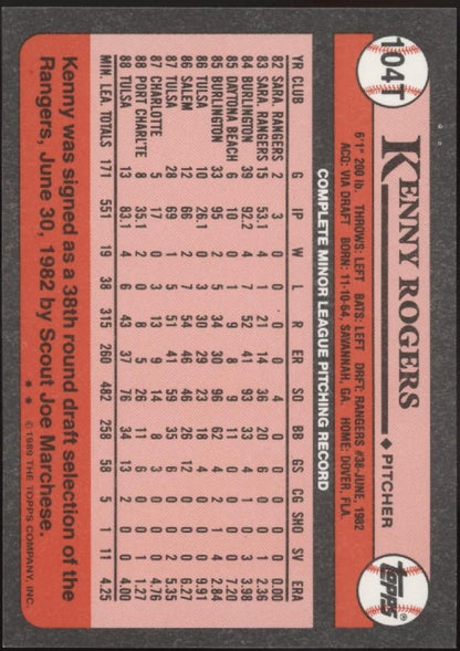 Kenny Rogers 1989 Topps Traded Tiffany #104T - Collector Store LLC