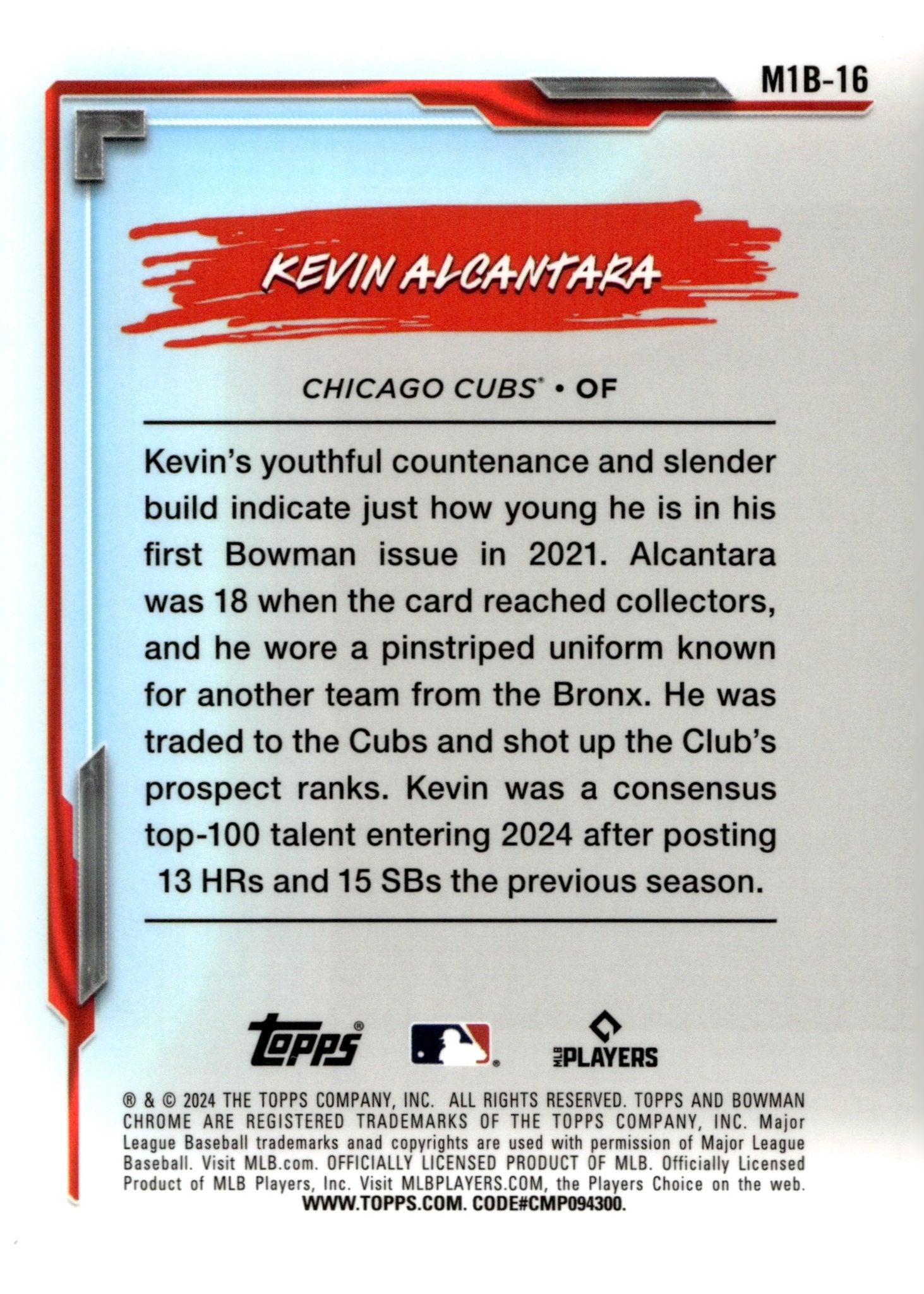 Kevin Alcantara 2024 Bowman Chrome My 1st Bowman Mojo Refractor #M1B - 16 #1 - Collector Store LLC