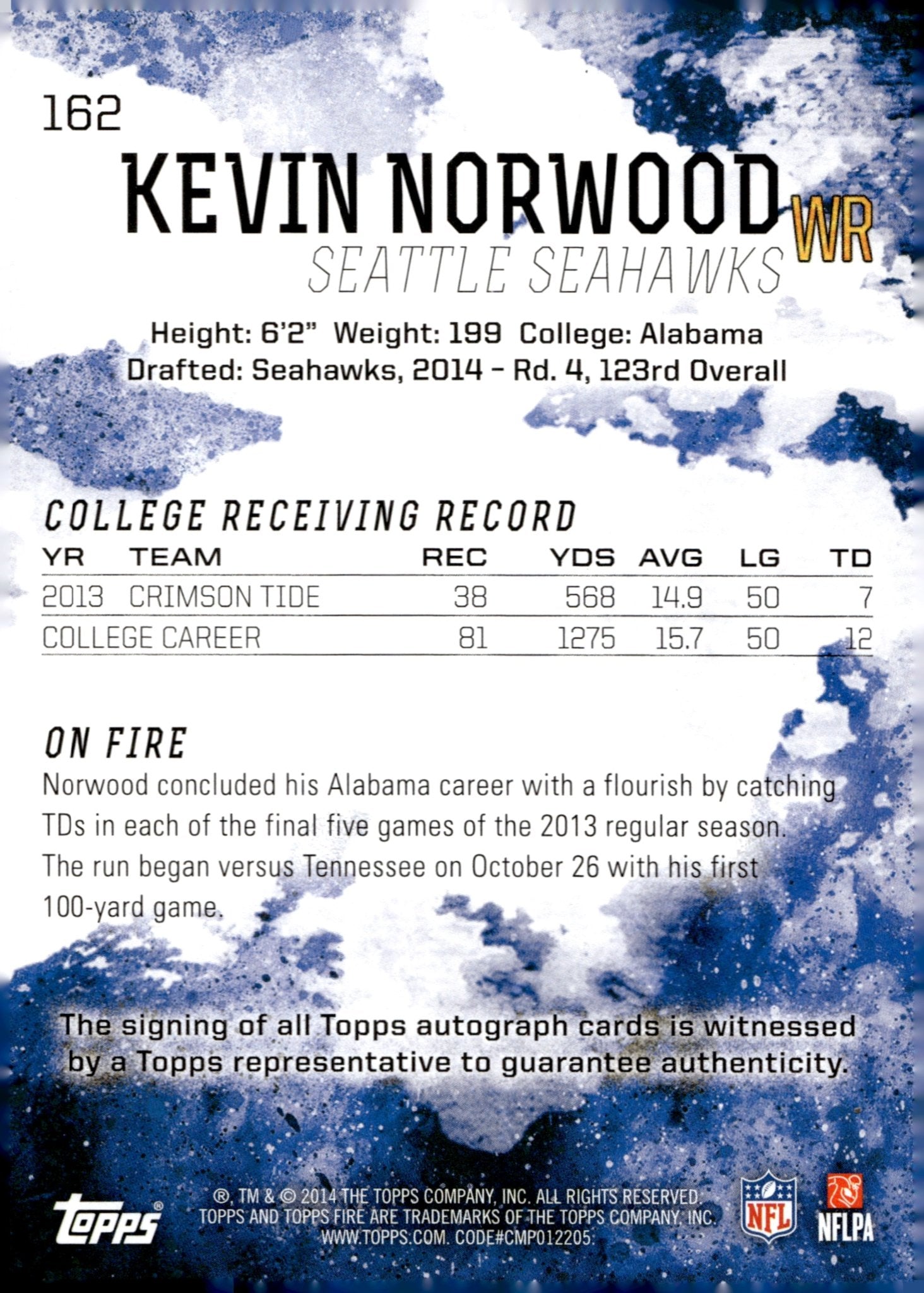 Kevin Norwood 2014 Topps Fire RC Auto #162 - Collector Store LLC