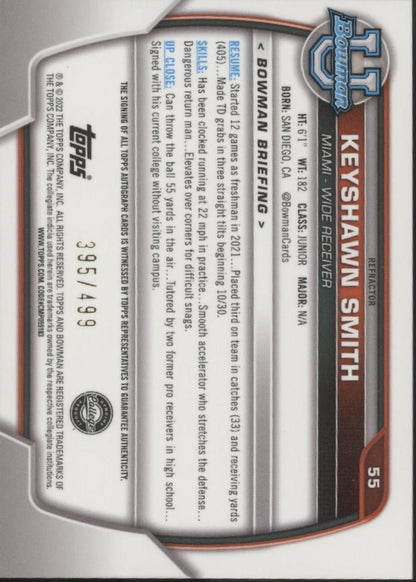 Keyshawn Smith 2022 Bowman Chrome University Refractor Auto 395/499 55 - Collector Store LLC