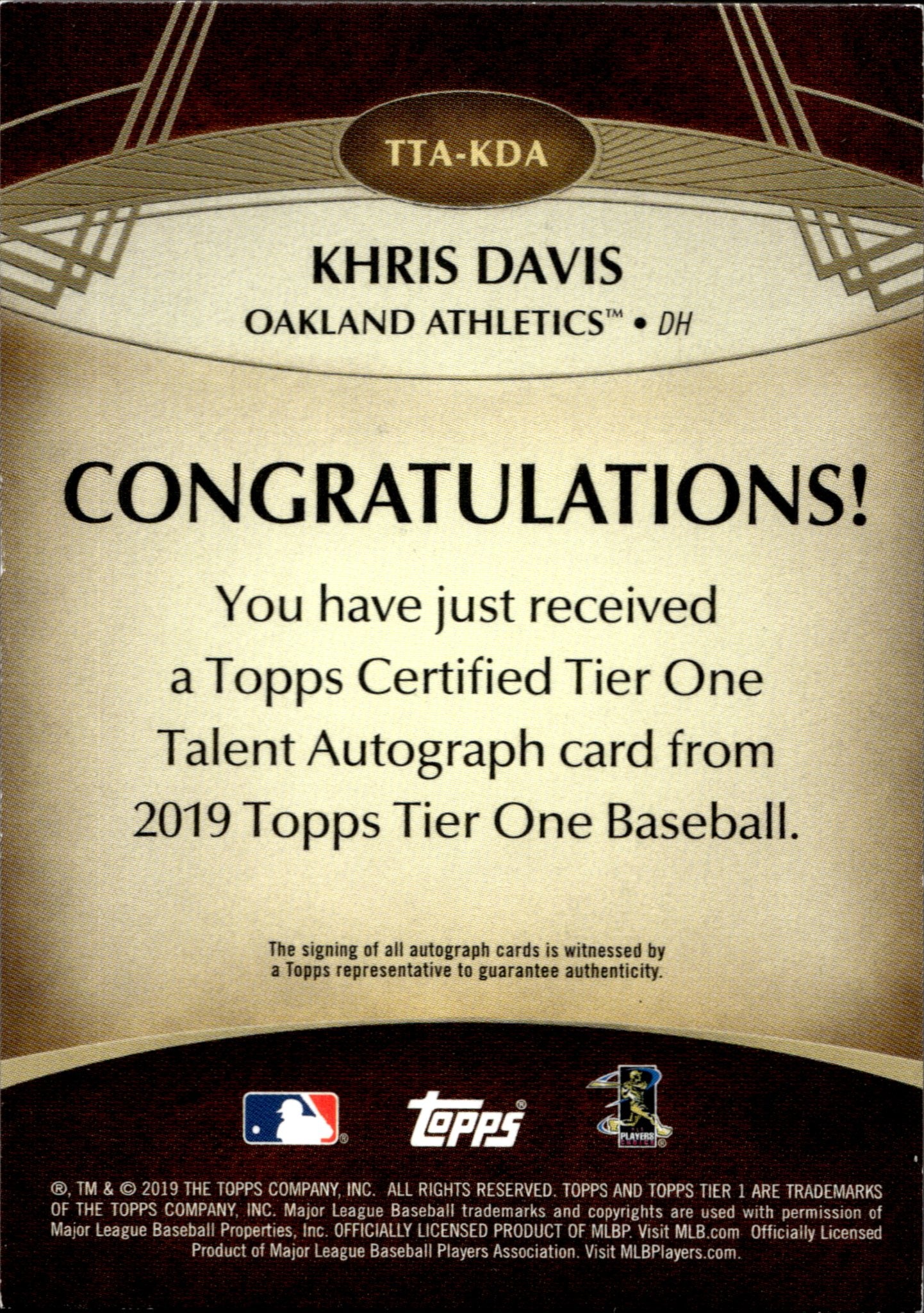 Khris Davis 2019 Topps Tier One Auto 186/299 #TTA - KDA - Collector Store LLC