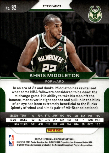 Khris Middleton 2020 - 21 Panini Prizm Silver Prizm #92 - Collector Store LLC