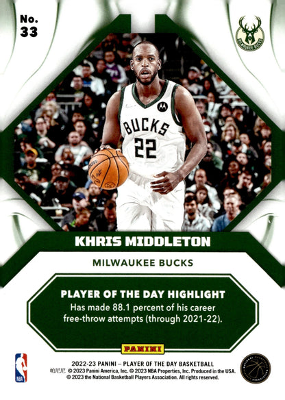 Khris Middleton 2022 - 23 Panini Player of the Day 20/50 #33 - Collector Store LLC