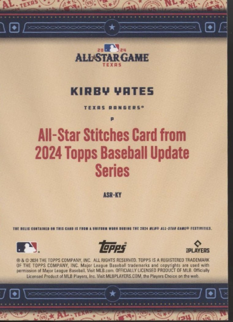Kirby Yates 2024 Topps Update Series All - Star Stitches Swatch 035/199 #ASR - KY - Collector Store LLC