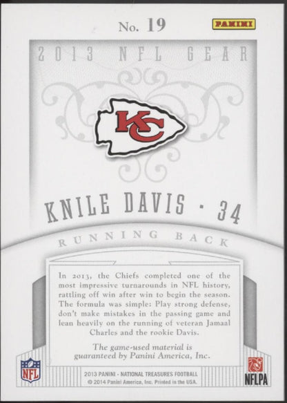 Knile Davis 2013 Panini National Treasures NFL Gear Swatch RC 39/99 #19 - Collector Store LLC