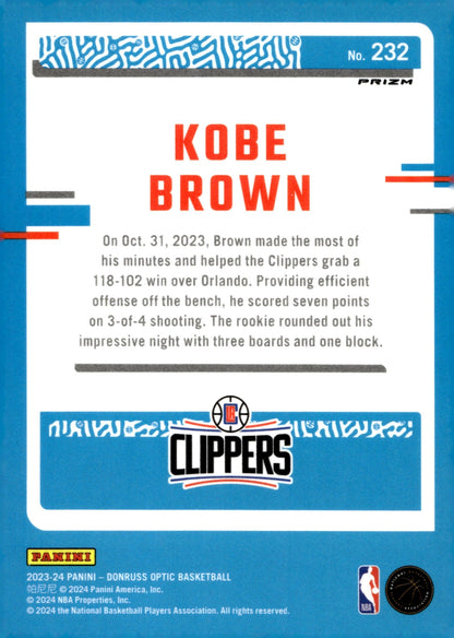 Kobe Brown 2023 - 24 Panini Donruss Optic Rated Rookie Pink Prism Prizm RC #232 - Collector Store LLC