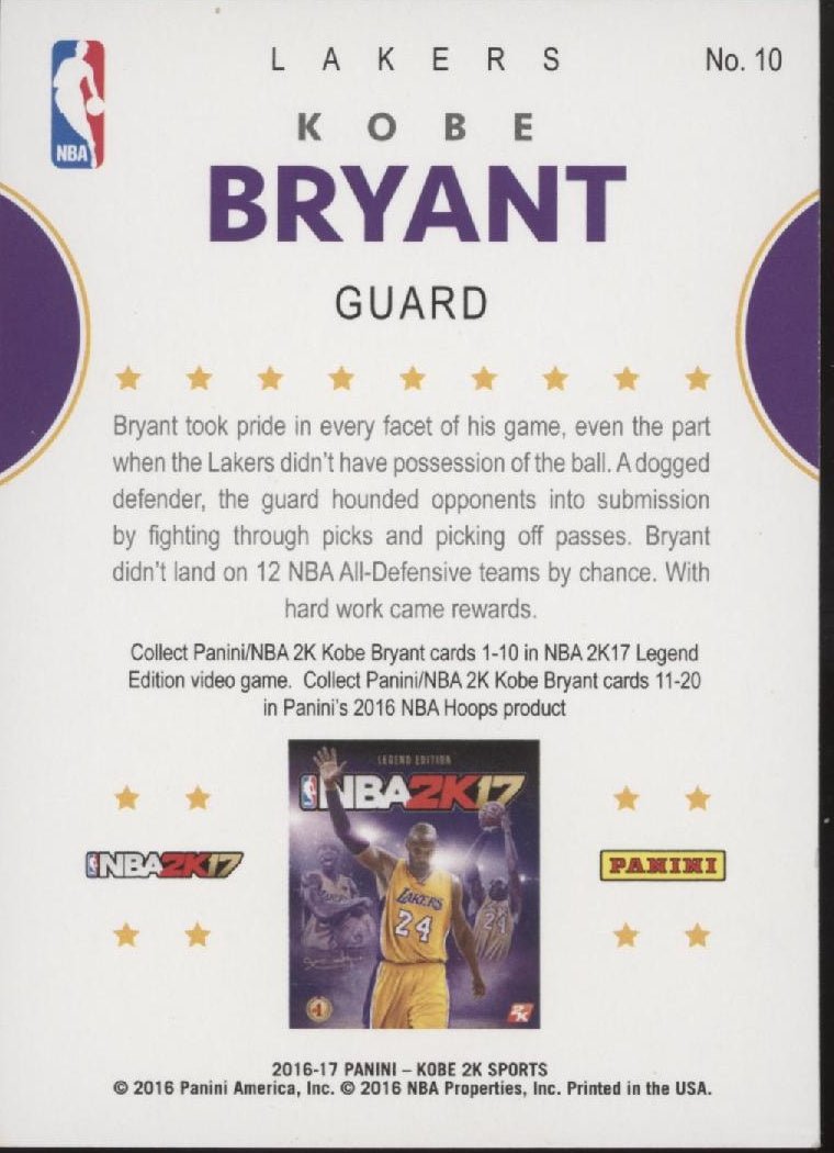 Kobe Bryant 2016 - 17 Panini Kobe 2K Sports #10 - Collector Store LLC