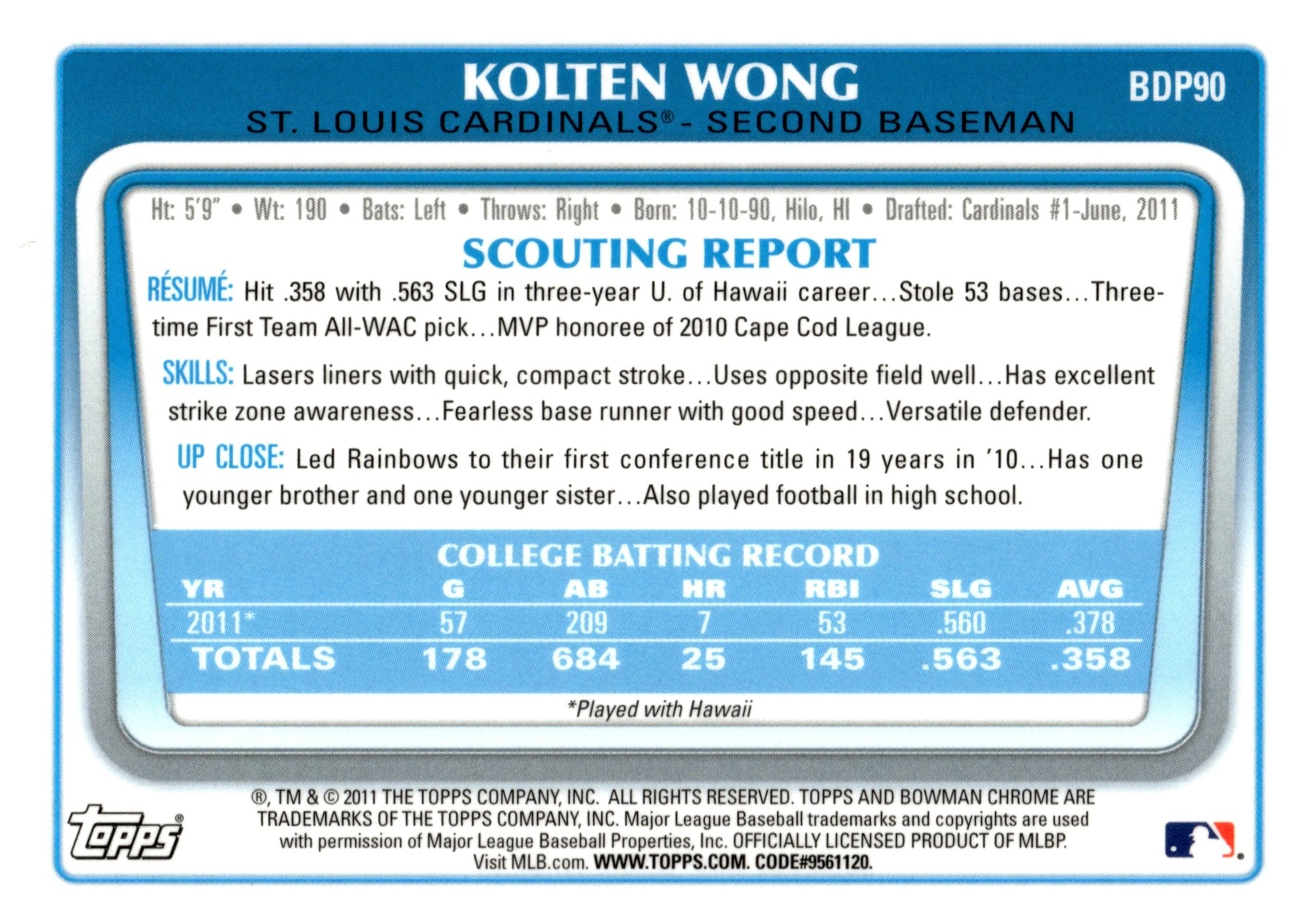 Kolten Wong 2011 Bowman Chrome #BDP90 - Collector Store LLC