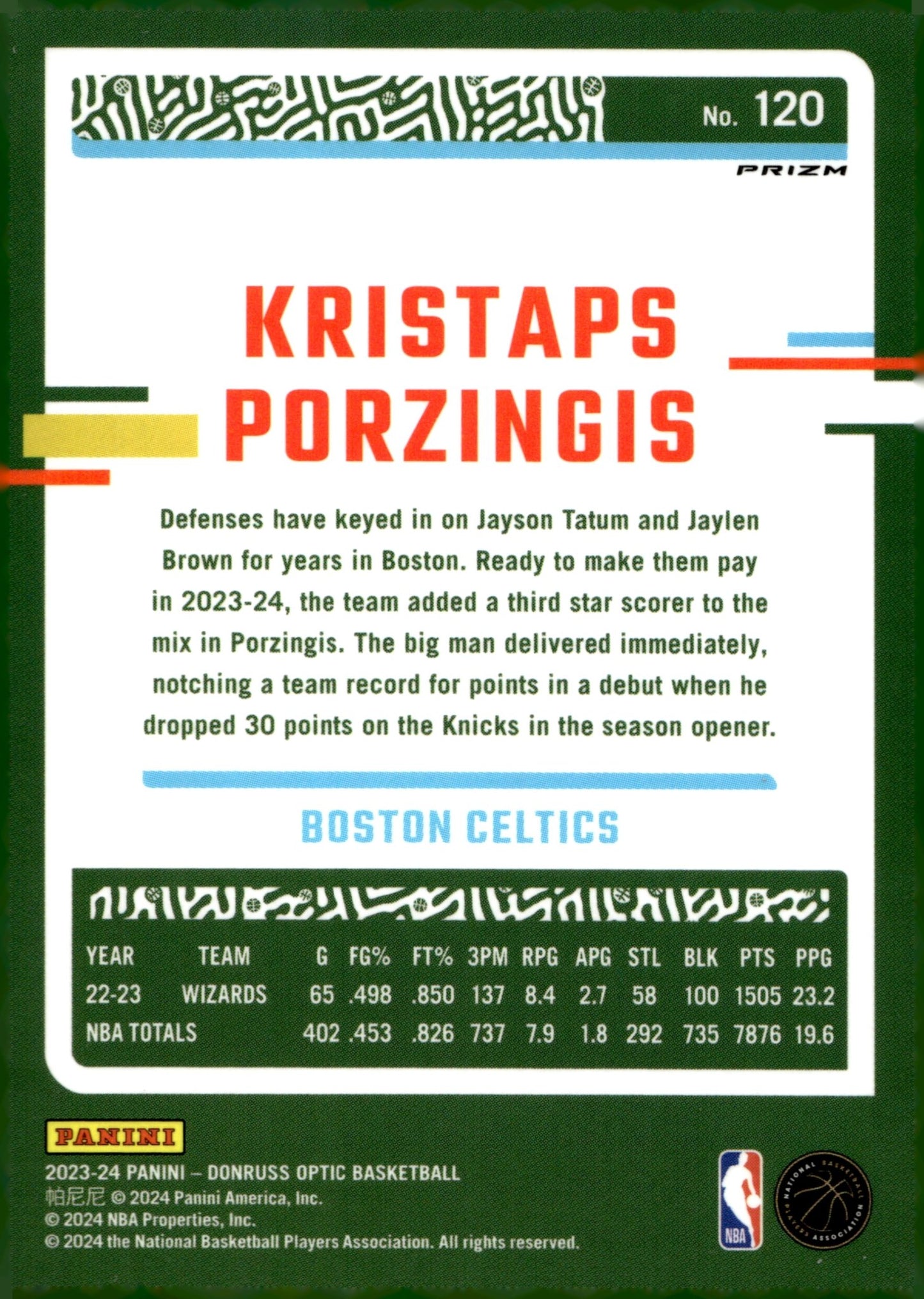 Kristaps Porzingis 2023 - 24 Panini Donruss Optic Purple Shimmer Prizm #120 - Collector Store LLC