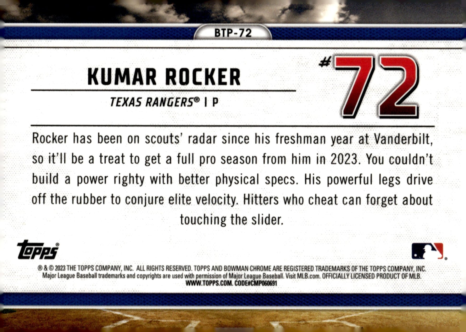 Kumar Rocker 2023 Bowman Chrome Scouts Top 100 Aqua Refractor 050/125 #BTP - 72 - Collector Store LLC