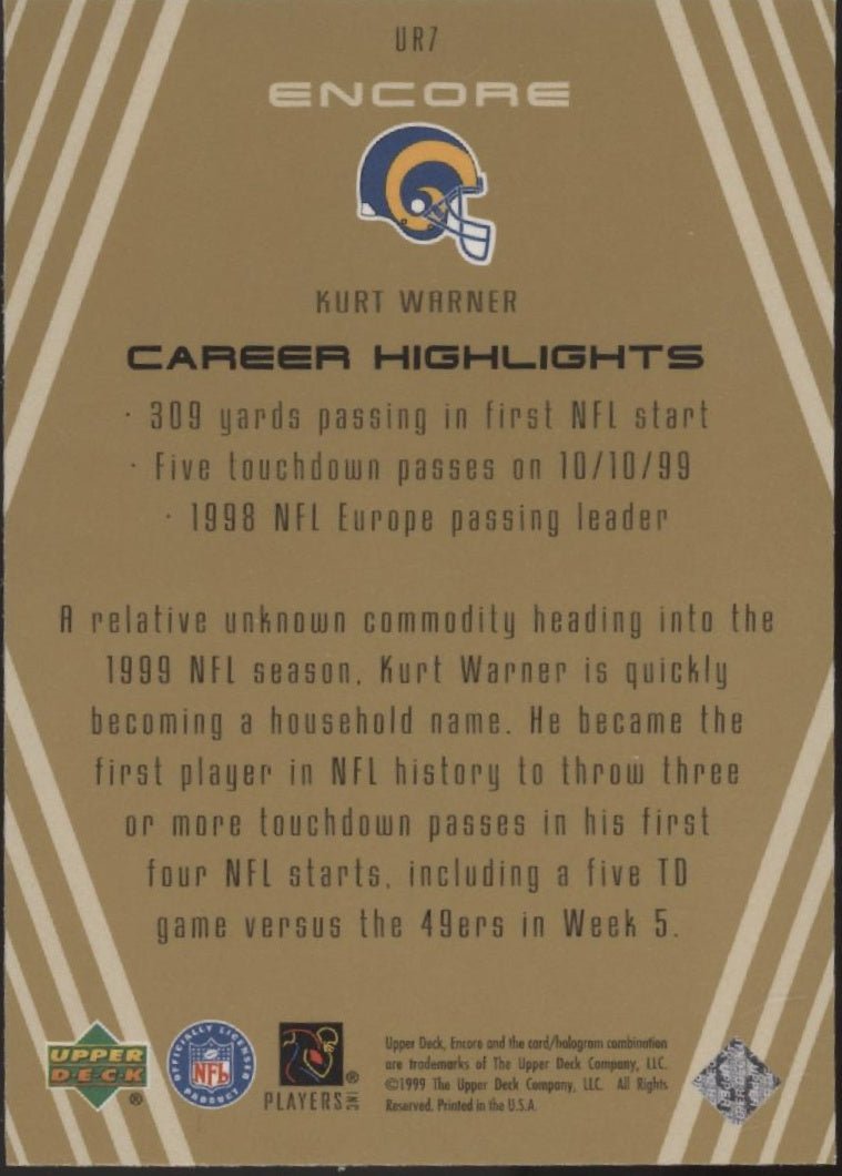 Kurt Warner 1999 Upper Deck Encore Upper Realm #UR7 - Collector Store LLC