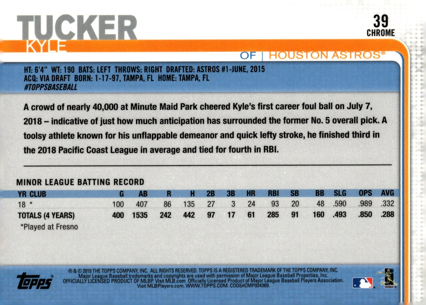 Kyle Tucker 2019 Topps Chrome RC #39 - Collector Store LLC