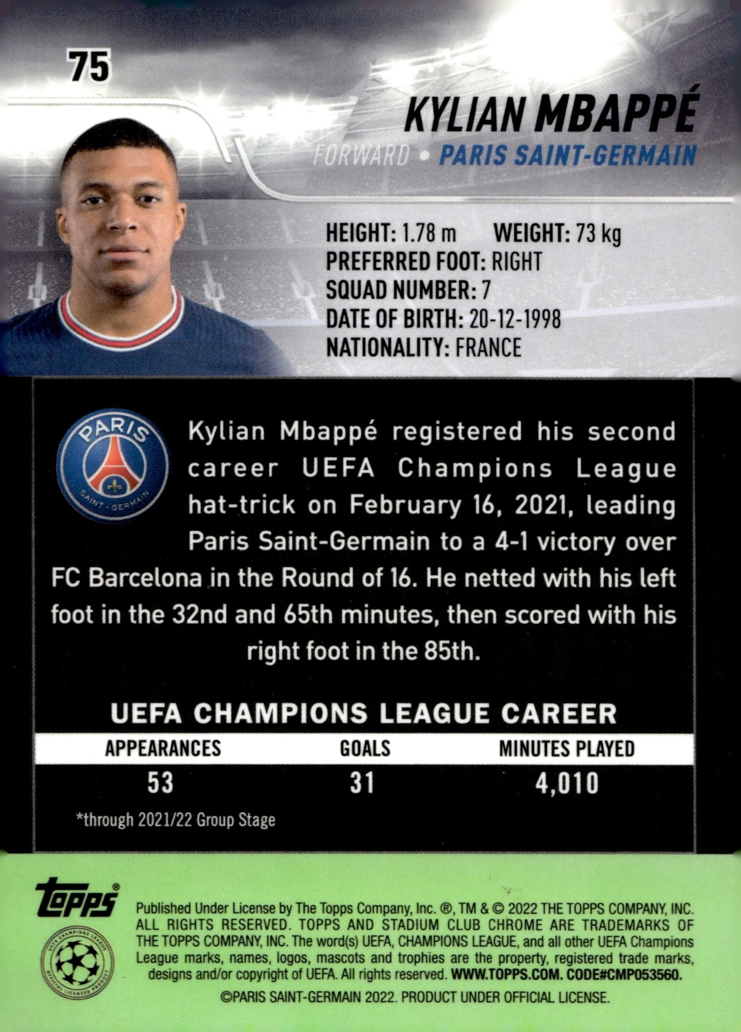 Kylian Mbappe 2021 - 22 Topps Stadium Club Chrome UEFA Champions League #75 - Collector Store LLC