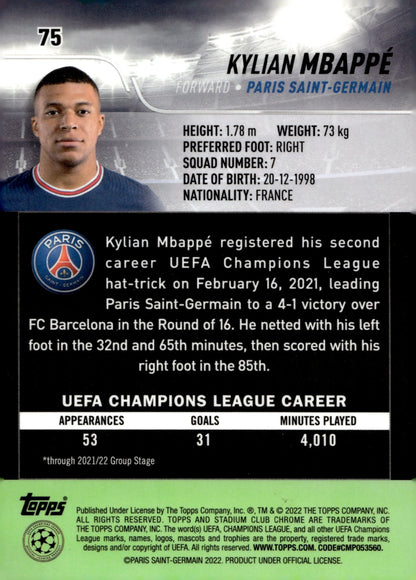 Kylian Mbappe 2021 - 22 Topps Stadium Club Chrome UEFA Champions League #75 - Collector Store LLC