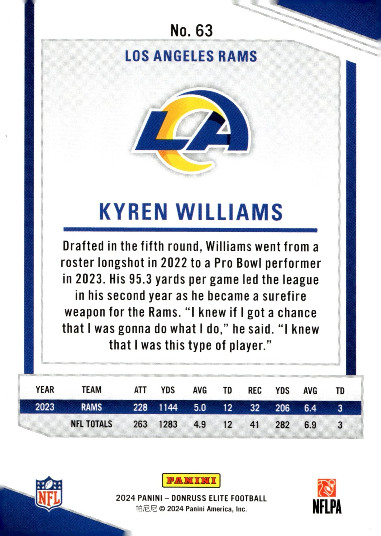 Kyren Williams 2024 Panini Donruss Elite Maroon 232/249 #63 - Collector Store LLC