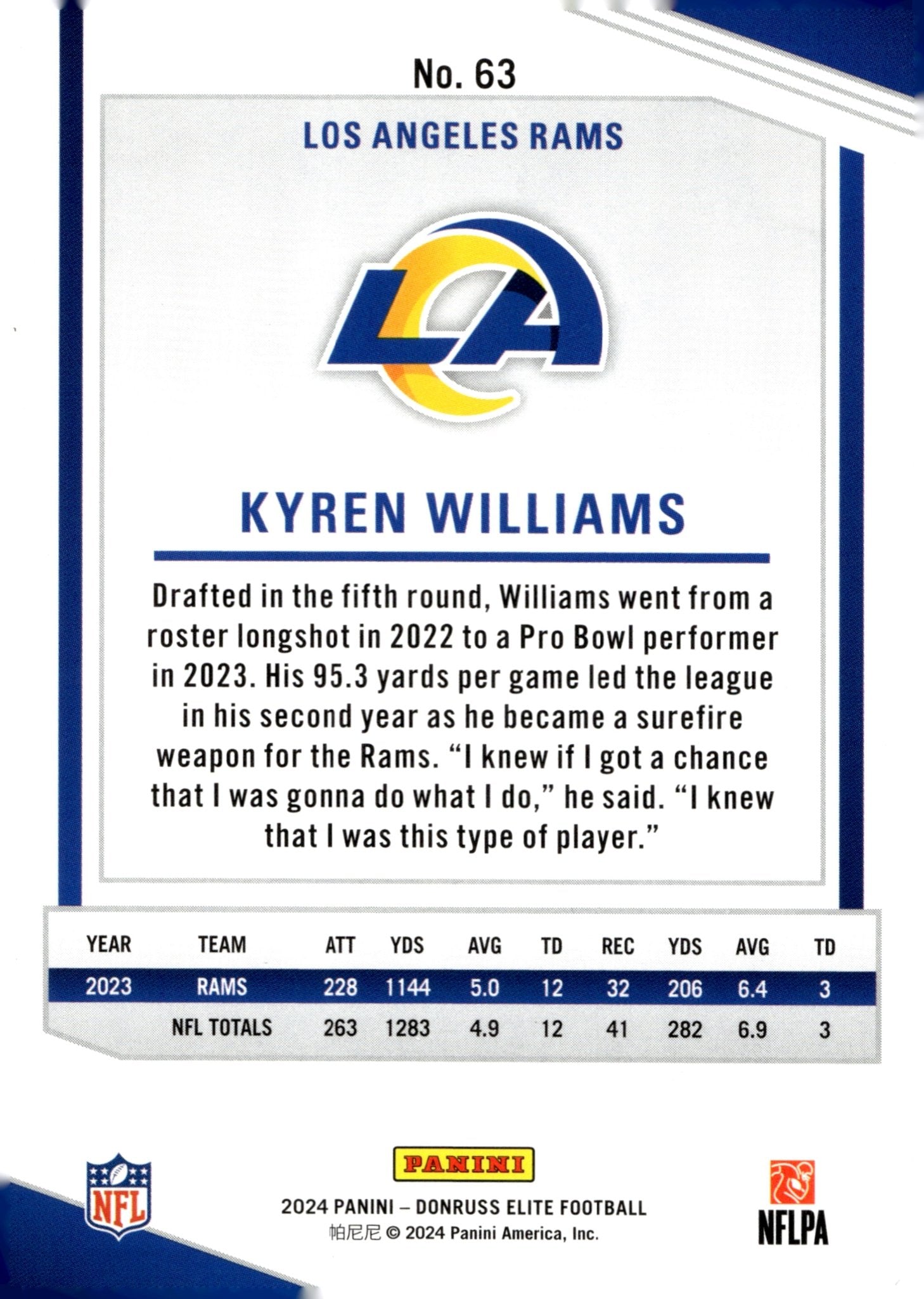 Kyren Williams 2024 Panini Donruss Elite Maroon 232/249 #63 - Collector Store LLC