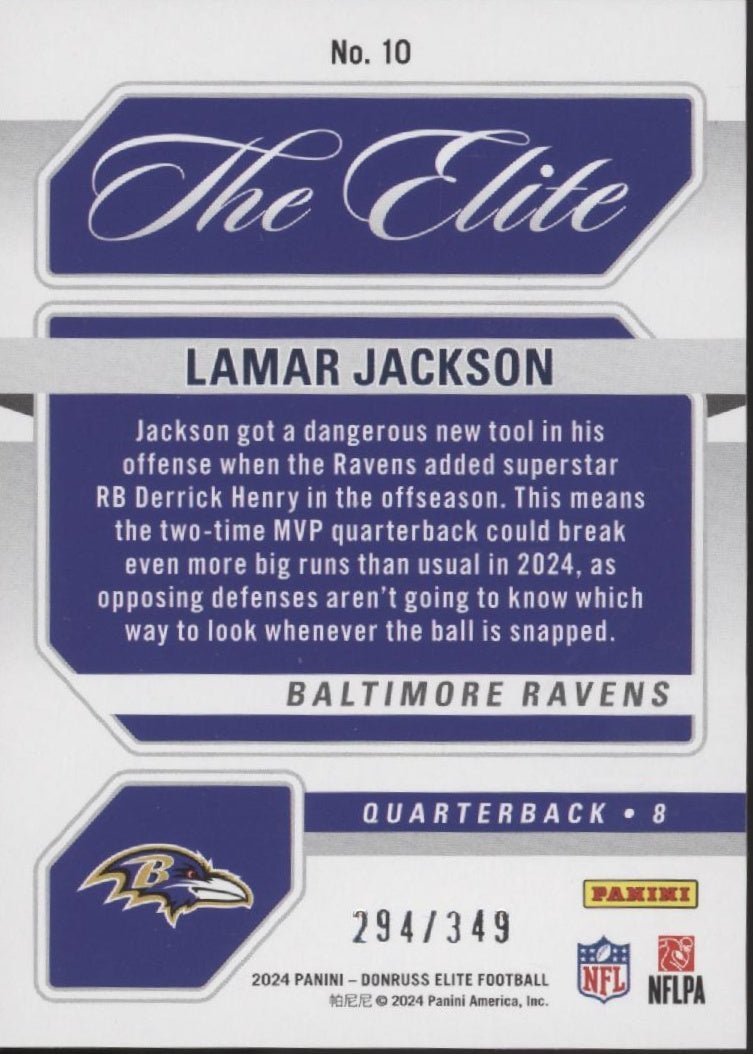 Lamar Jackson 2024 Panini Donruss Elite The Elite 294/349 #10 - Collector Store LLC