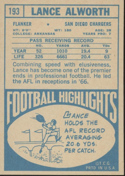 Lance Alworth 1968 Topps #193 San Diego Chargers NM - Collector Store LLC