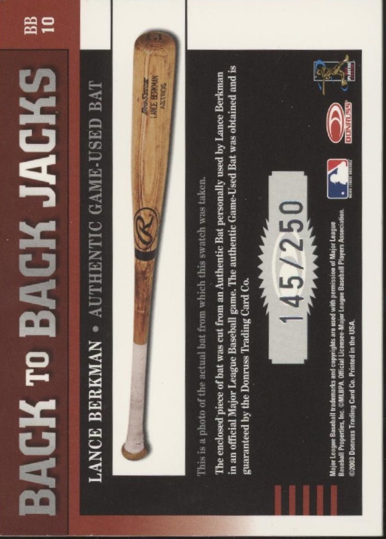 Lance Berkman 2003 Donruss Elite Back to Back Jacks Relic 145/250 #BB10 - Collector Store LLC