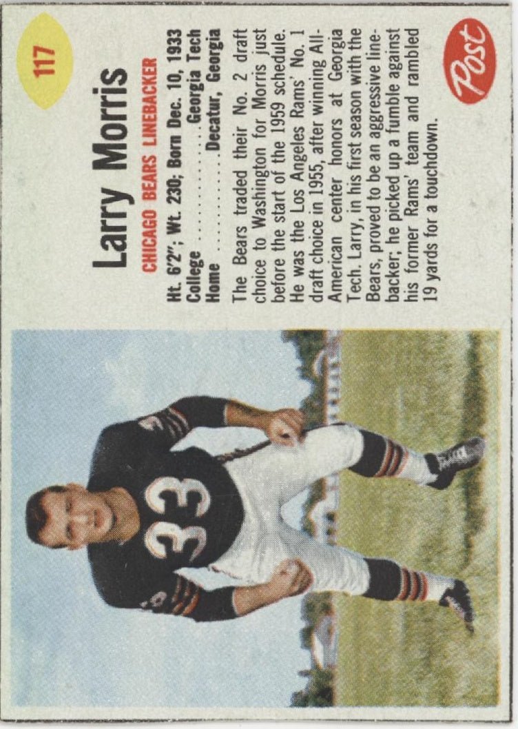 Larry Morris 1962 Post Cereal Handcut #117 Chicago Bears EX - Collector Store LLC