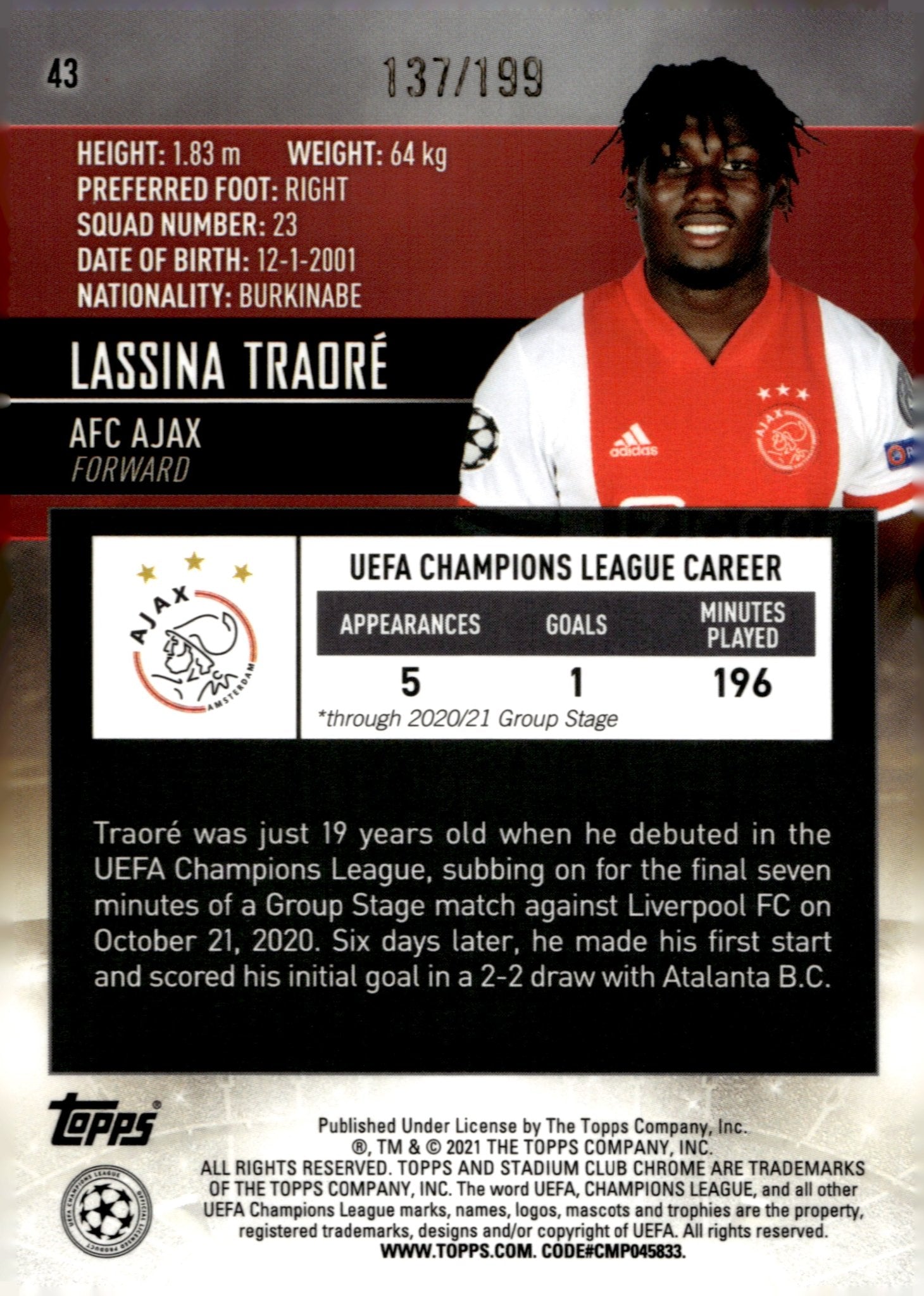 Lassina Tradre 2020 - 21 Topps Chrome Stadium Club UCL Aqua Refractor RC 137/199 - Collector Store LLC