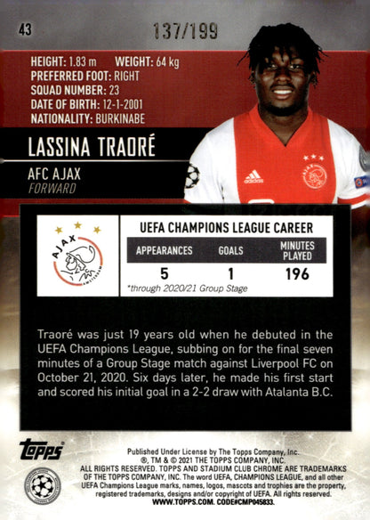 Lassina Tradre 2020 - 21 Topps Chrome Stadium Club UCL Aqua Refractor RC 137/199 - Collector Store LLC