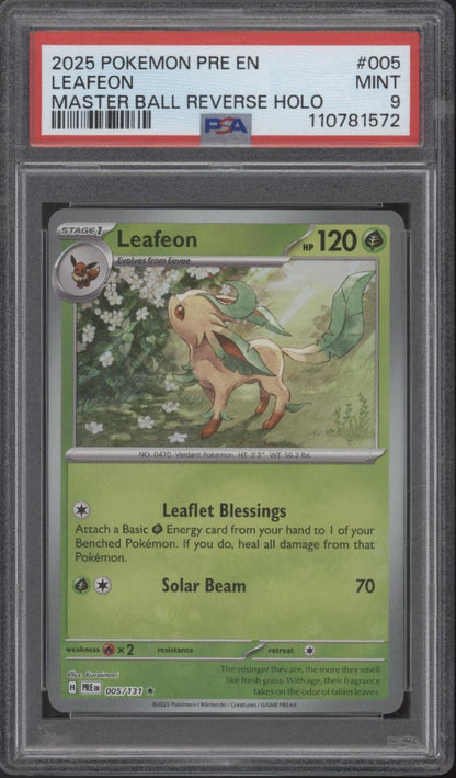 Leafeon Pokemon Prismatic Evolutions Master Ball Reverse Holo 005 PSA 9 - Collector Store LLC