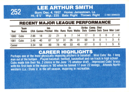 Lee Smith 1982 Donruss #252 #3 - Collector Store LLC