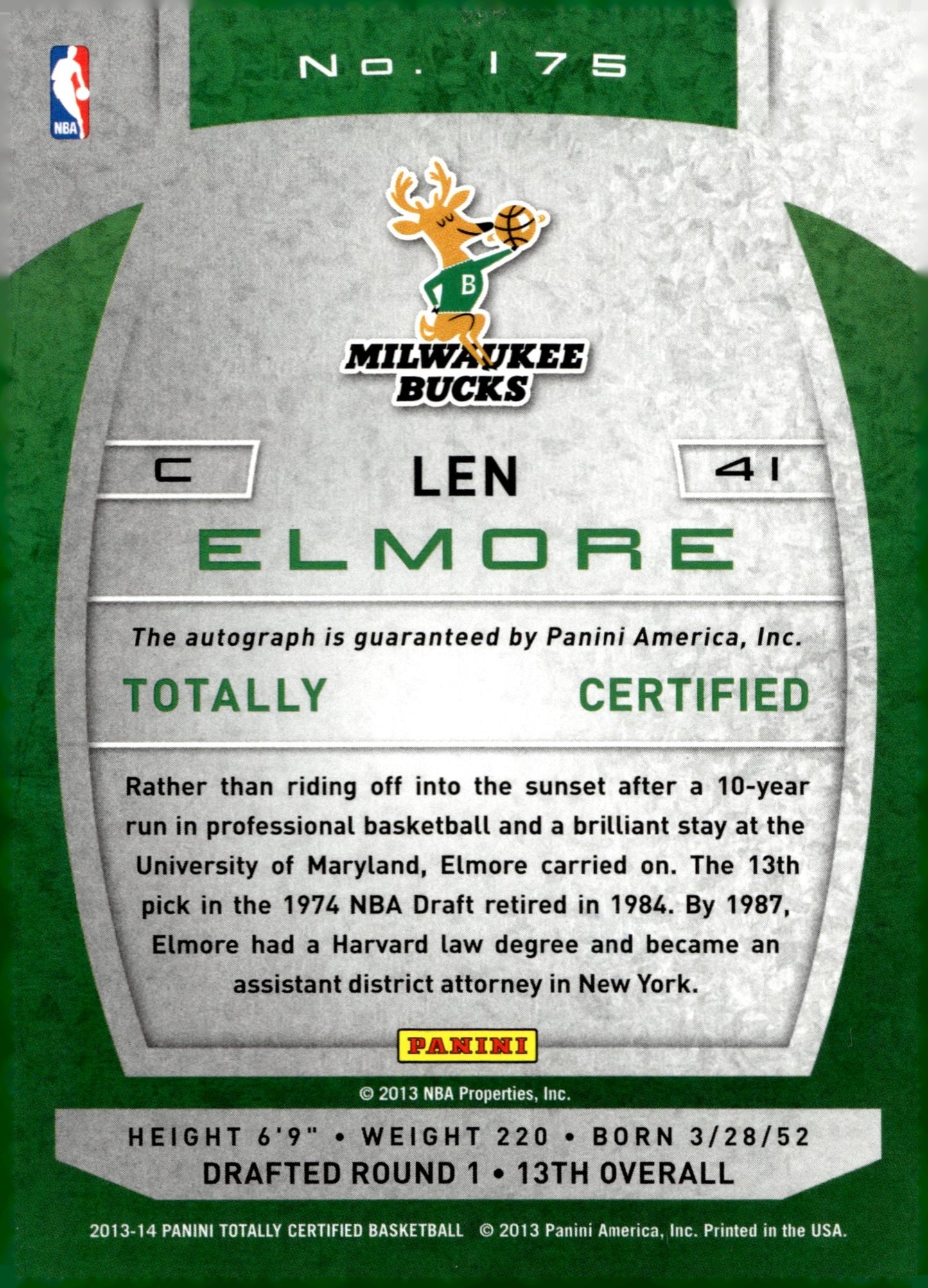 Len Elmore 2013 - 14 Panini Totally Certified Auto #175 - Collector Store LLC