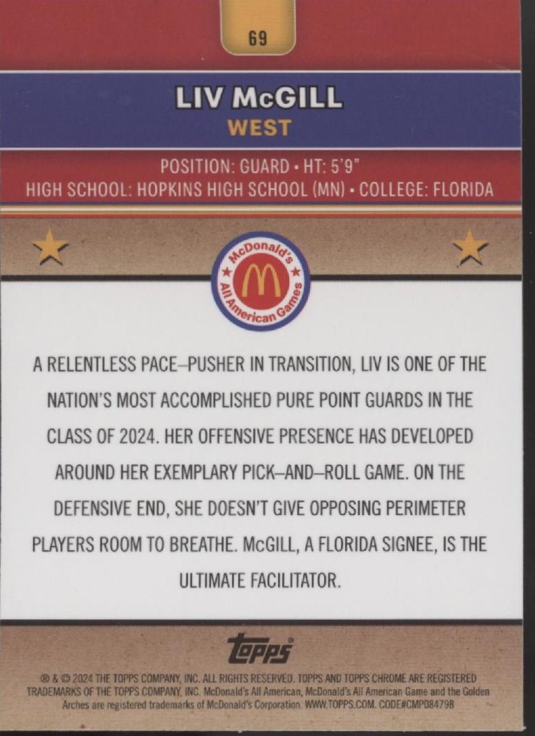 Liv McGil 2024 Topps Chrome McDonald's All American Purple Lava Refractor 31/99 - Collector Store LLC