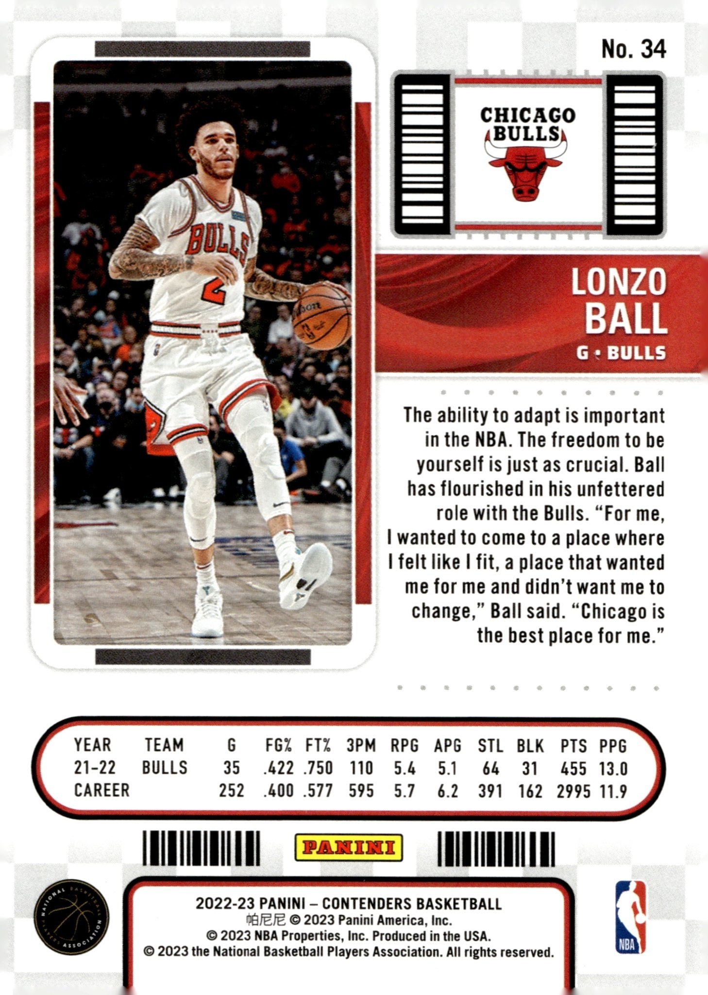 Lonzo Ball 2022 - 23 Panini Contenders Conference Finals Ticket 08/75 #34 - Collector Store LLC