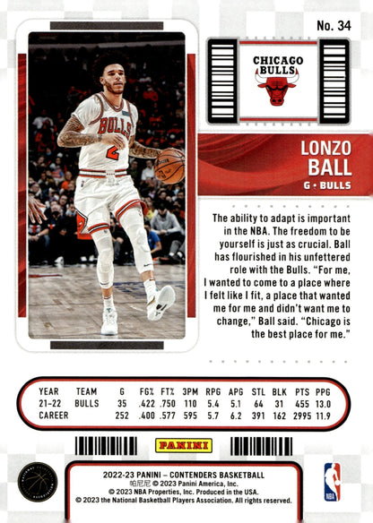 Lonzo Ball 2022 - 23 Panini Contenders Conference Finals Ticket 08/75 #34 - Collector Store LLC